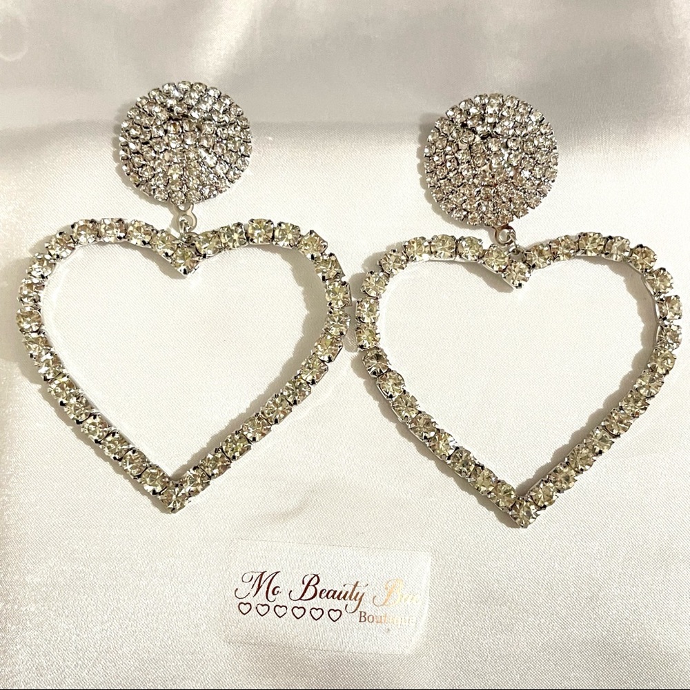 Large Rhinestone Heart Earrings - Picture 2 of 6